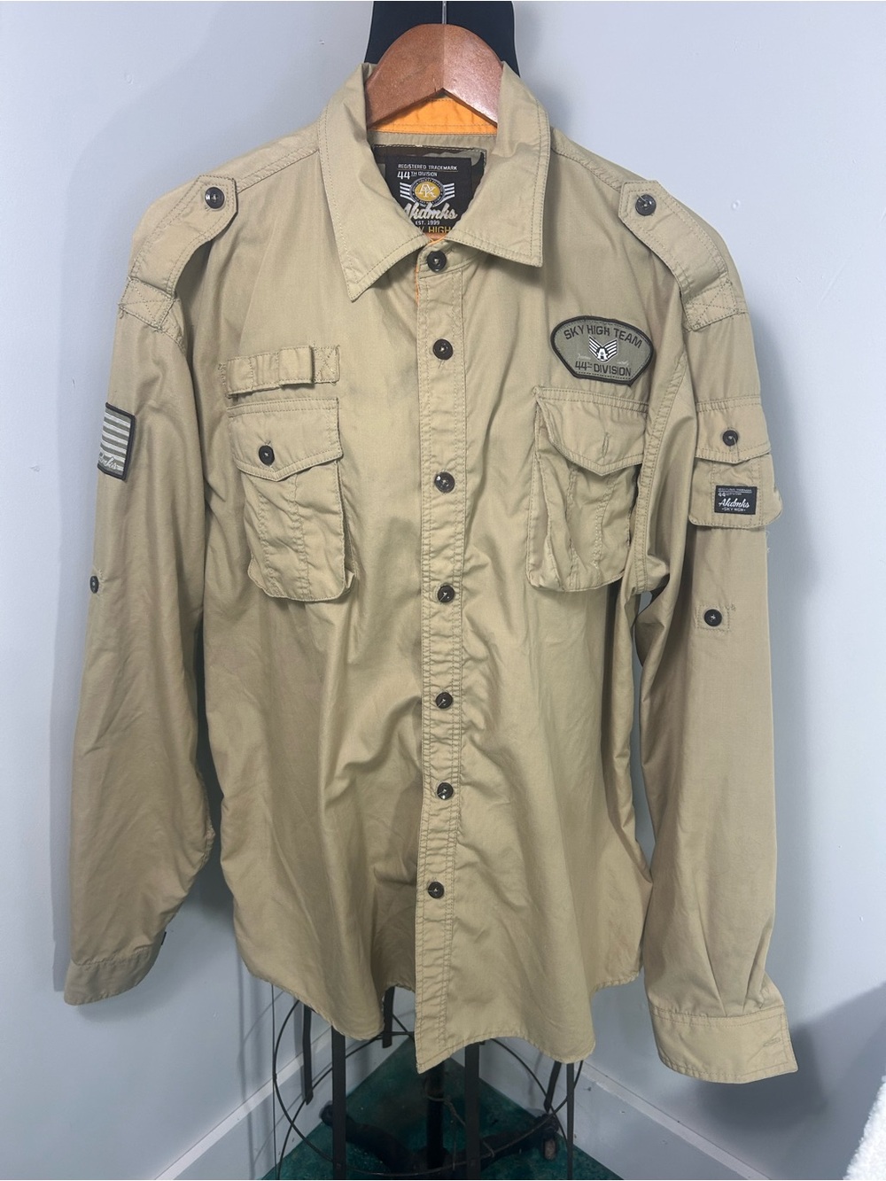 Men’s Khaki Military Field Shirt Jacket by Akdmks long-sleeve shirt 2 XL